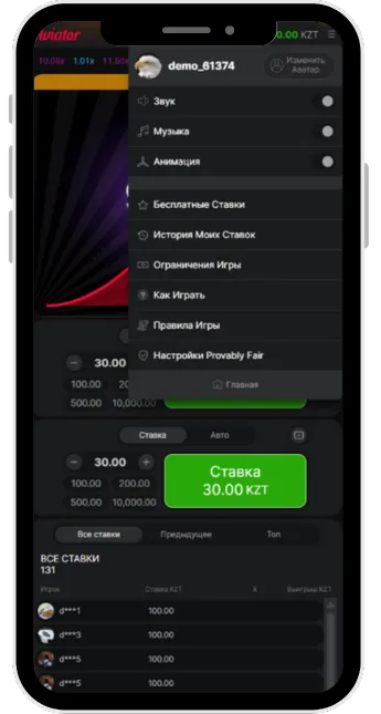 Aviator Меню настроек